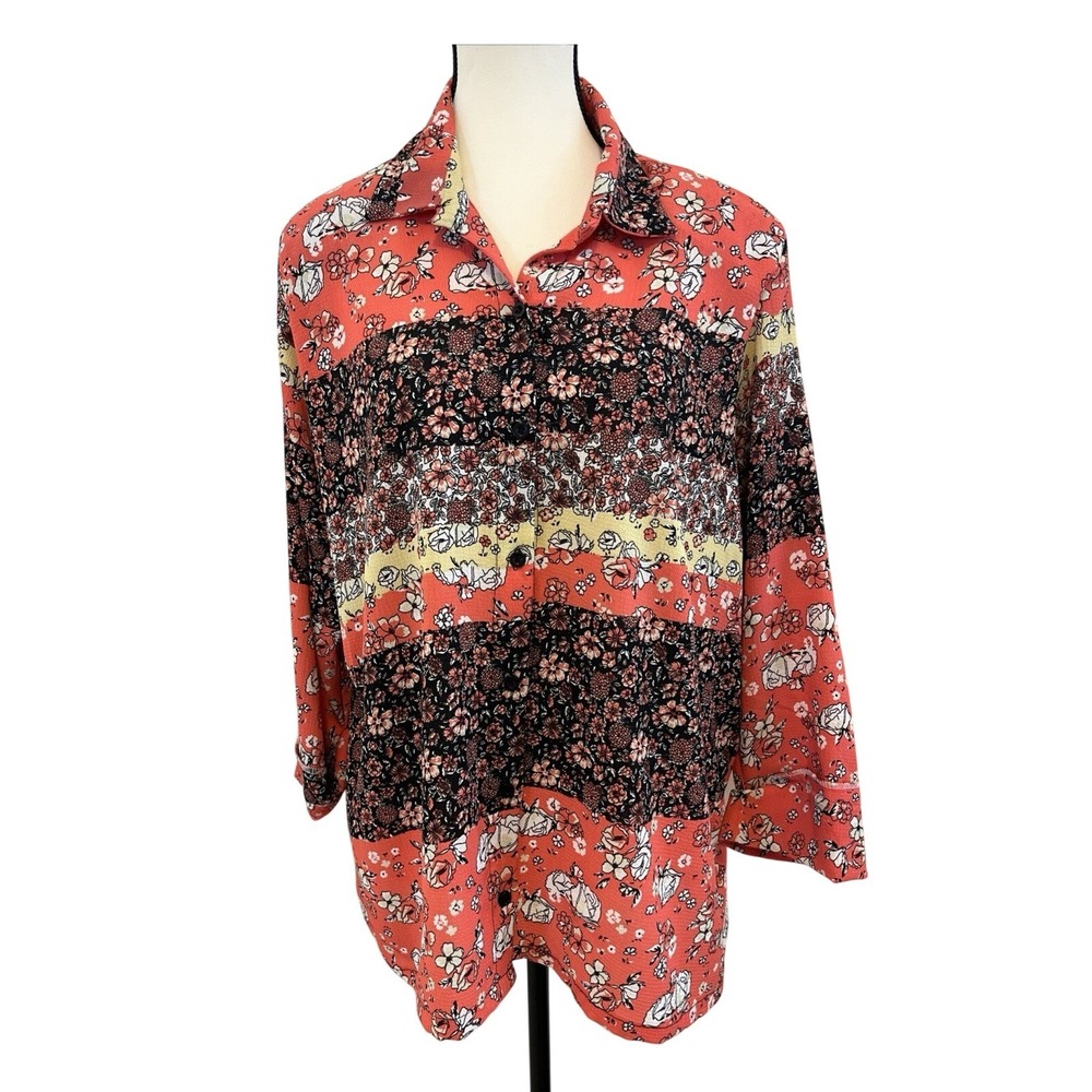 Henrique Button Down Shirt Women GG Coral Floral Mixed Print Good 3/4 Sleeve